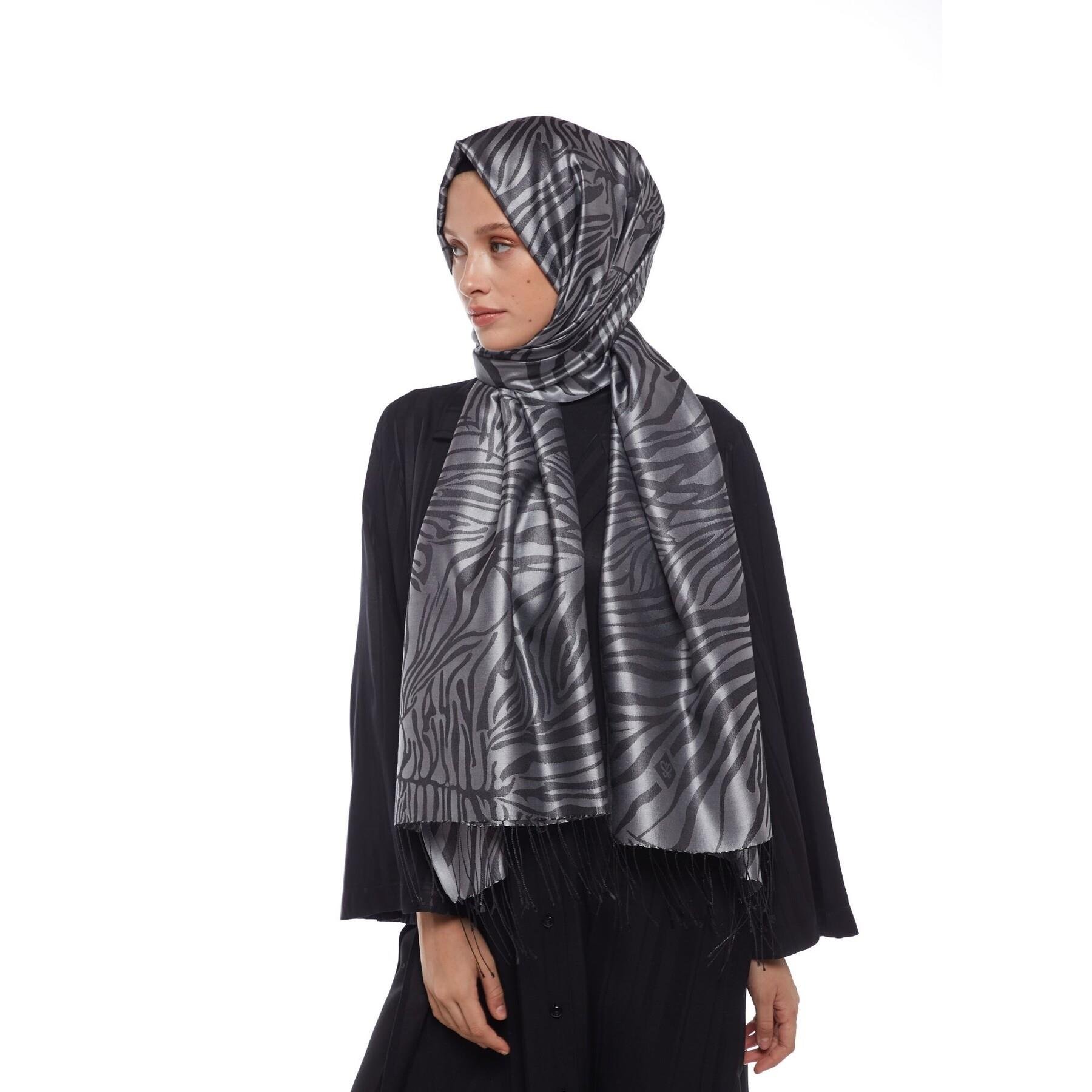 İpekevi Zebra Jakar Desenli %100 İpek Şal Gümüş Rengi