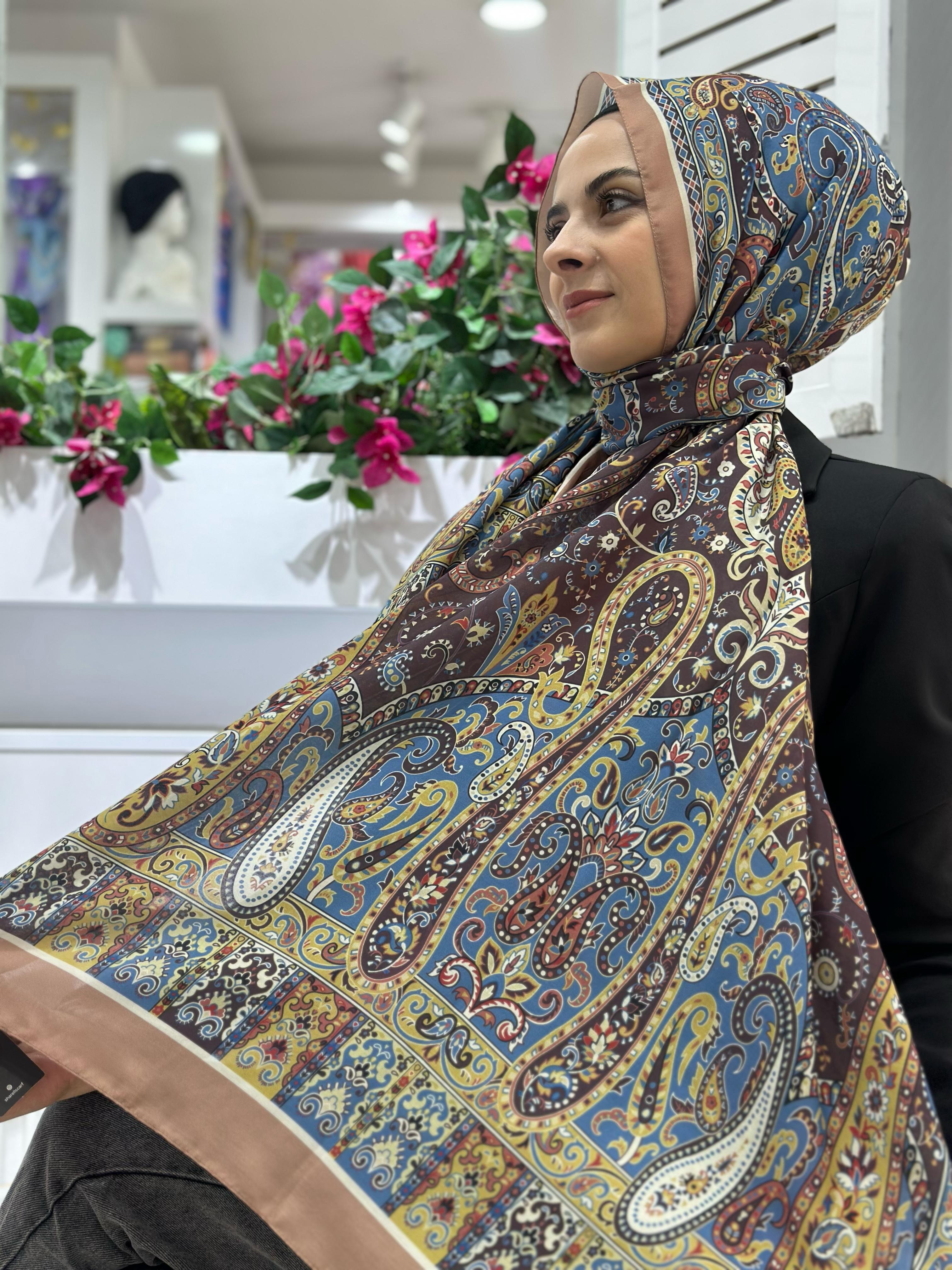 Şal Rüyası Desenli Pamuklu Şal Vizon-Yağ Yeşili Rengi