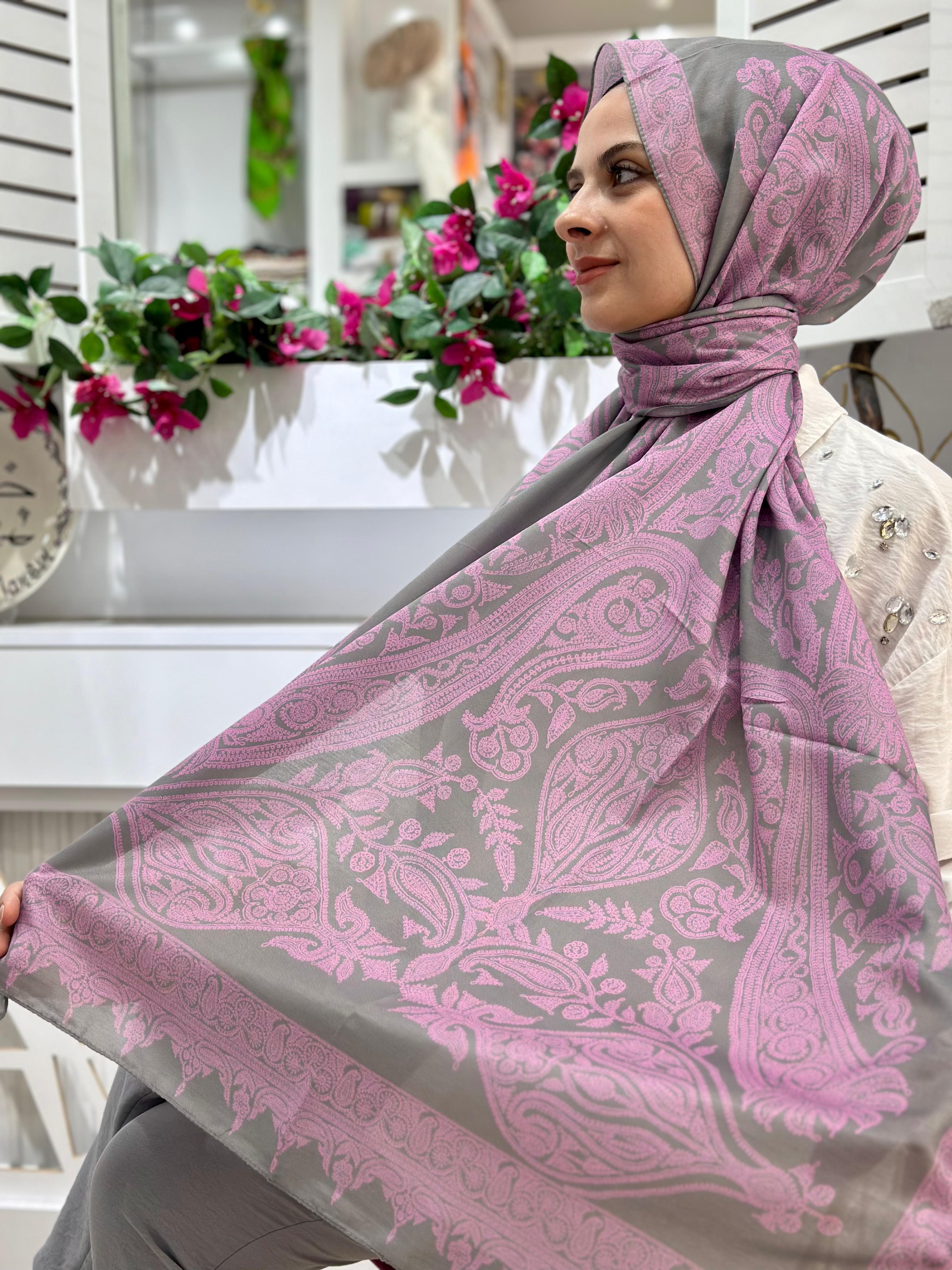 Siyane Desenli Pamuklu Şal Pembe-Gri Rengi