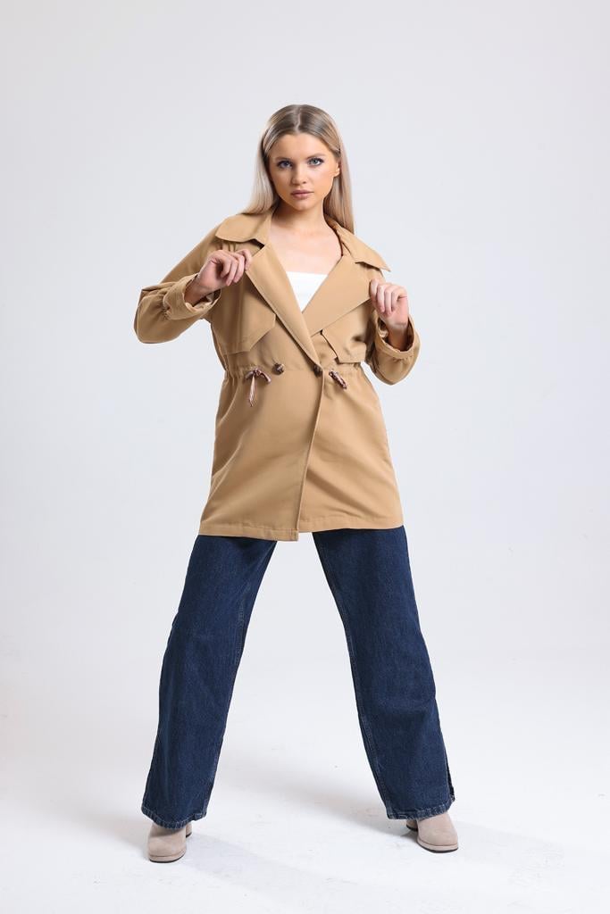 Beli Lastik Detay Bağlamalı Trençkot Vizon