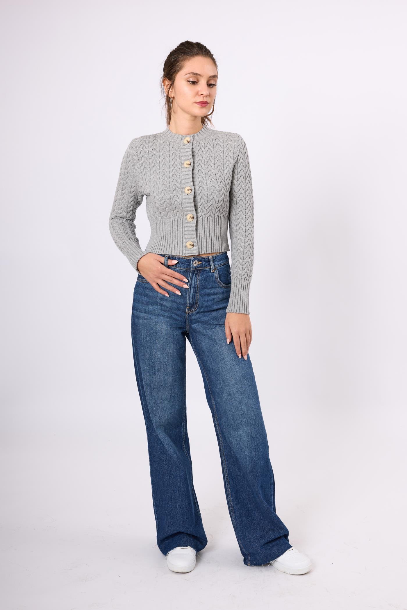 Peraluna Scarlett Cable Knit Womens Crop Knitted Cardigan - Grey