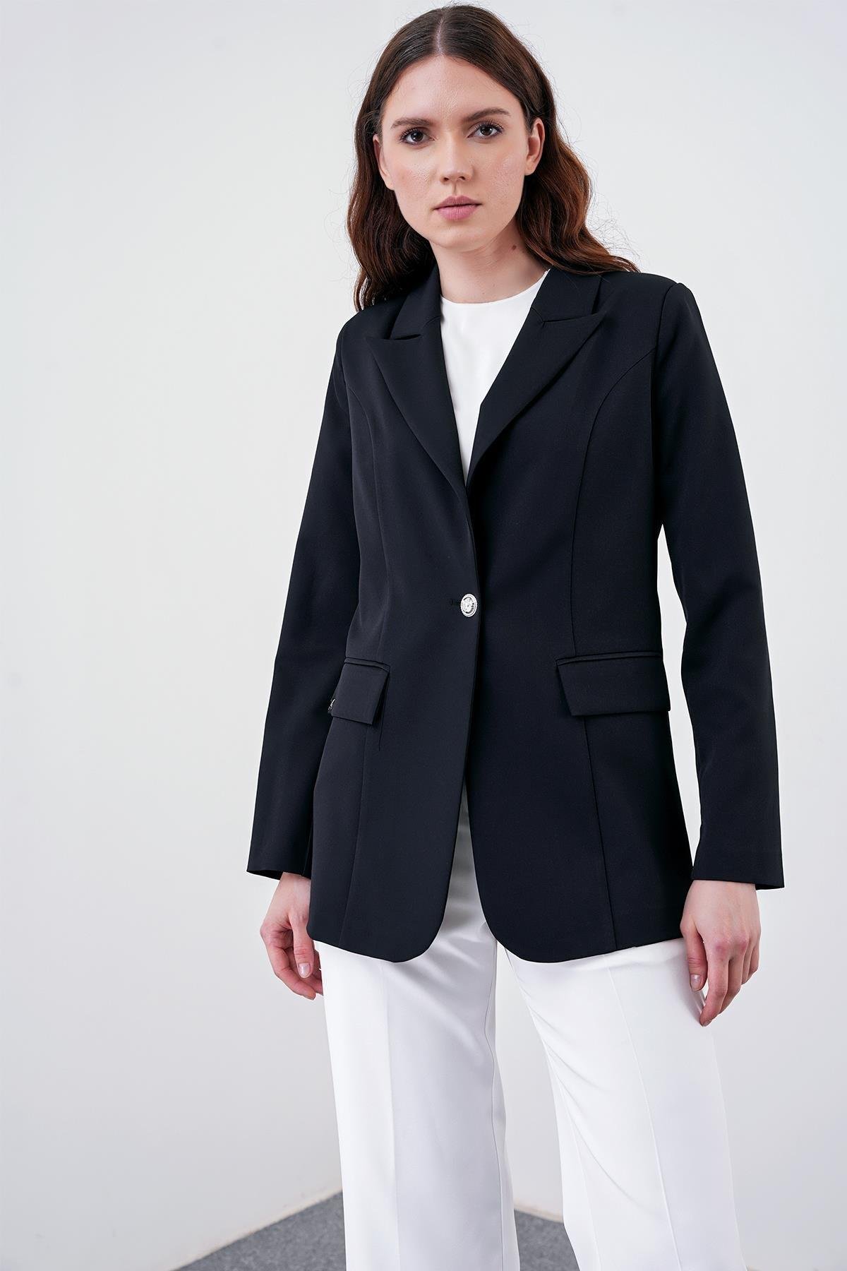 KRUVAZE YAKA TEK DÜĞMELİ SİYAH BLAZER CEKET 0070