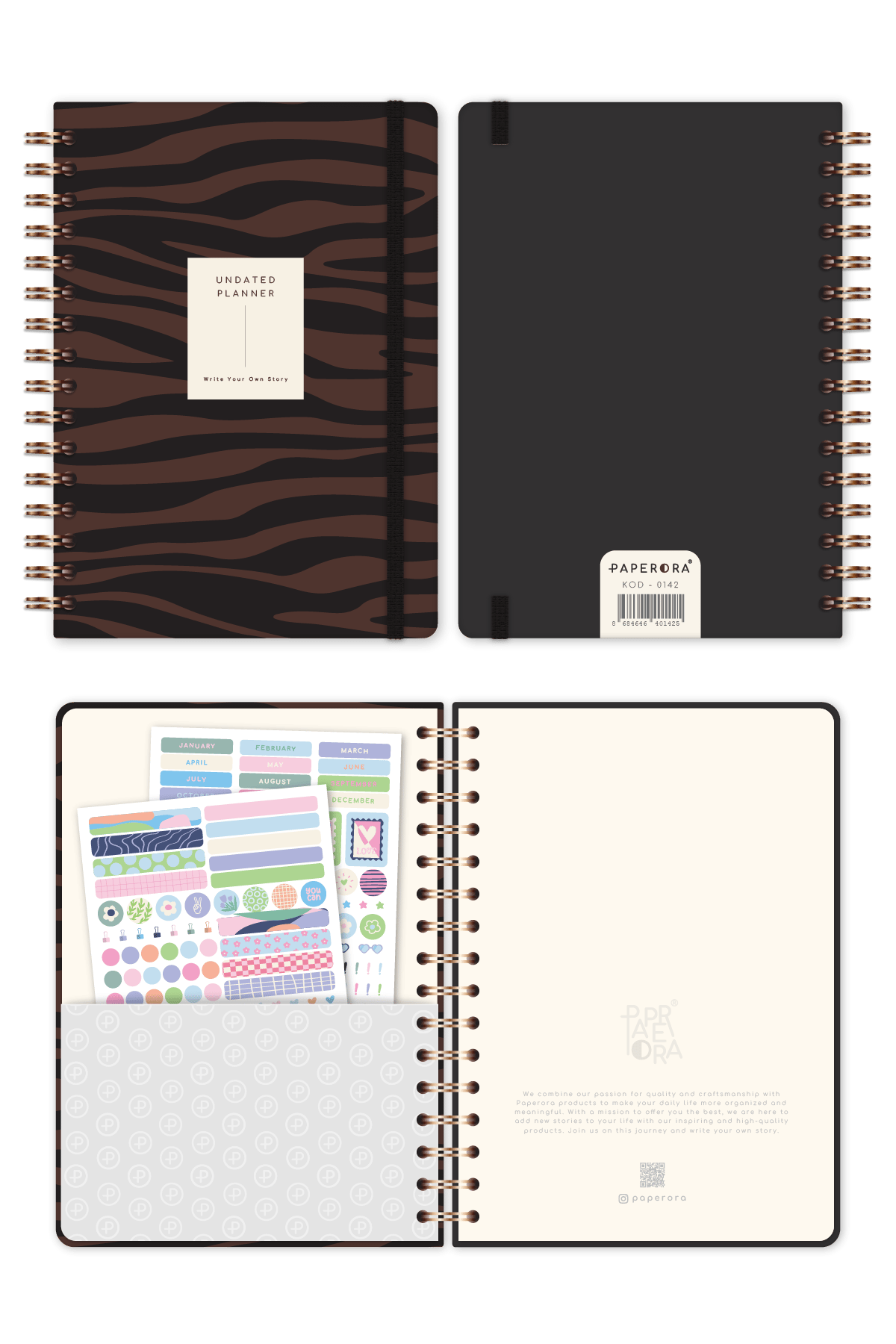 Spiralli Süresiz Planlayıcı Ajanda Kahverengi Zebra 15x21 - Paperora