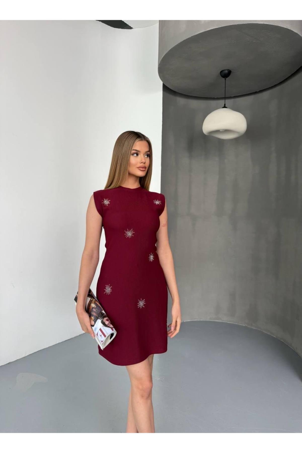 Ottoman Kumaş Taş Detaylı Mini Elbise