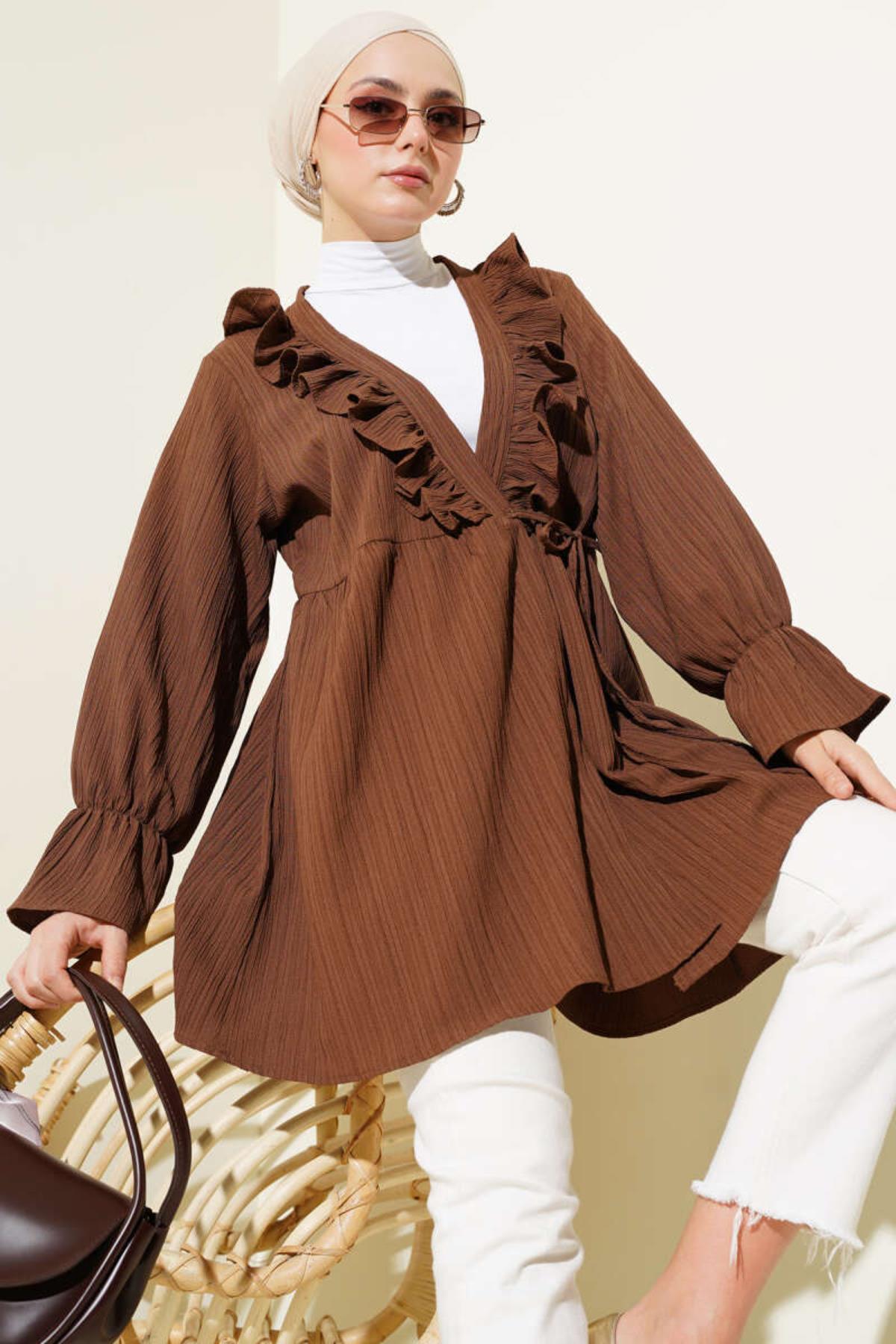 Yaka Fırfırlı Yan İp Bağlamalı Kimono