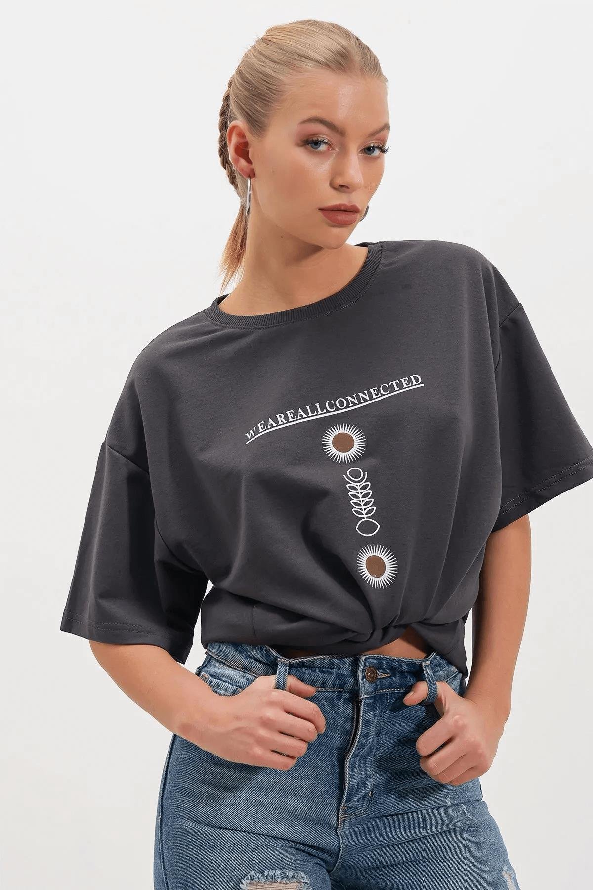 Yazı Baskılı Bisiklet Yaka T-shirt