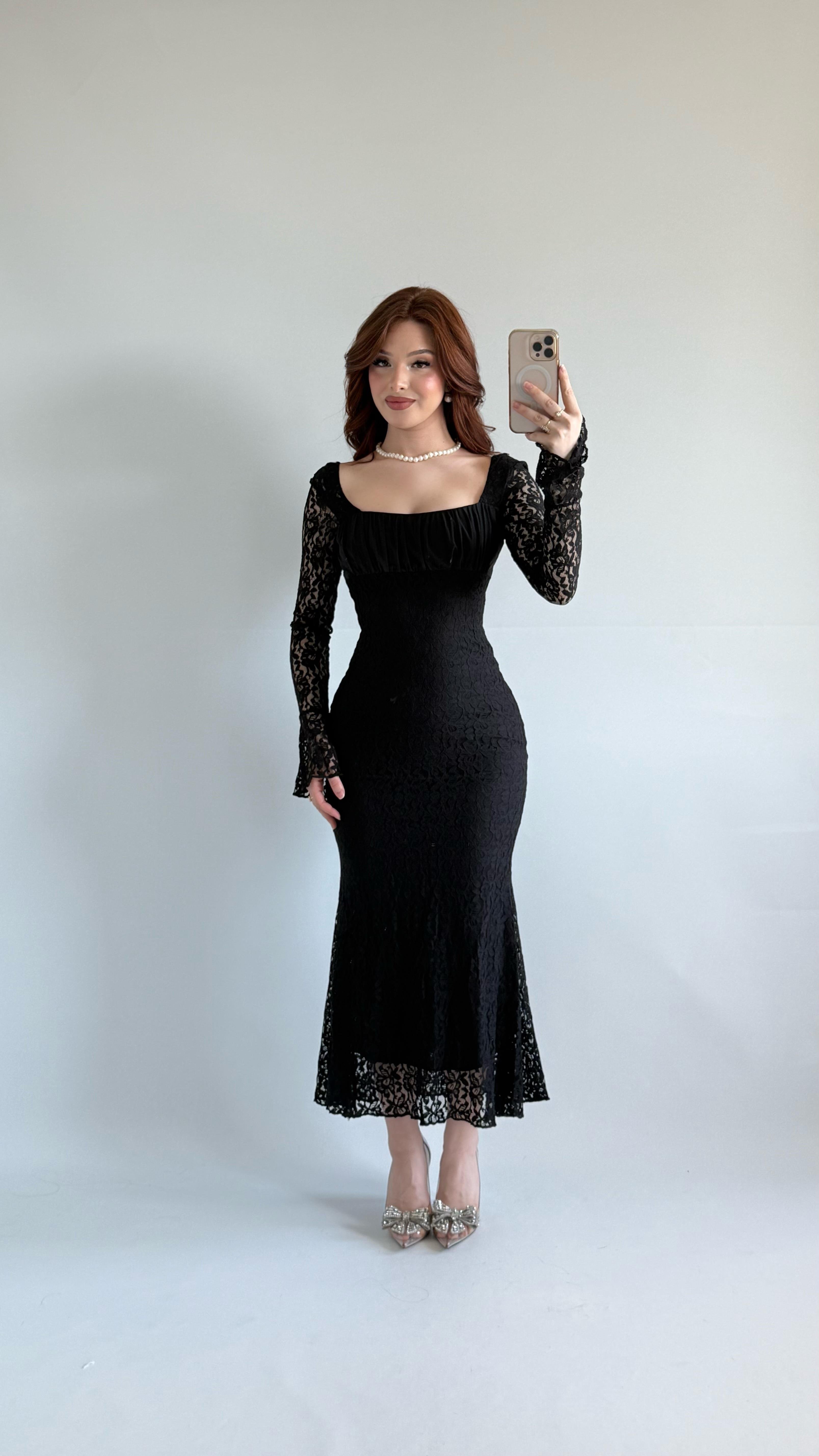 Kare Yaka Dantel Midi Elbise Siyah I MİDİ ELBİSE I AYŞENUR DİNÇER