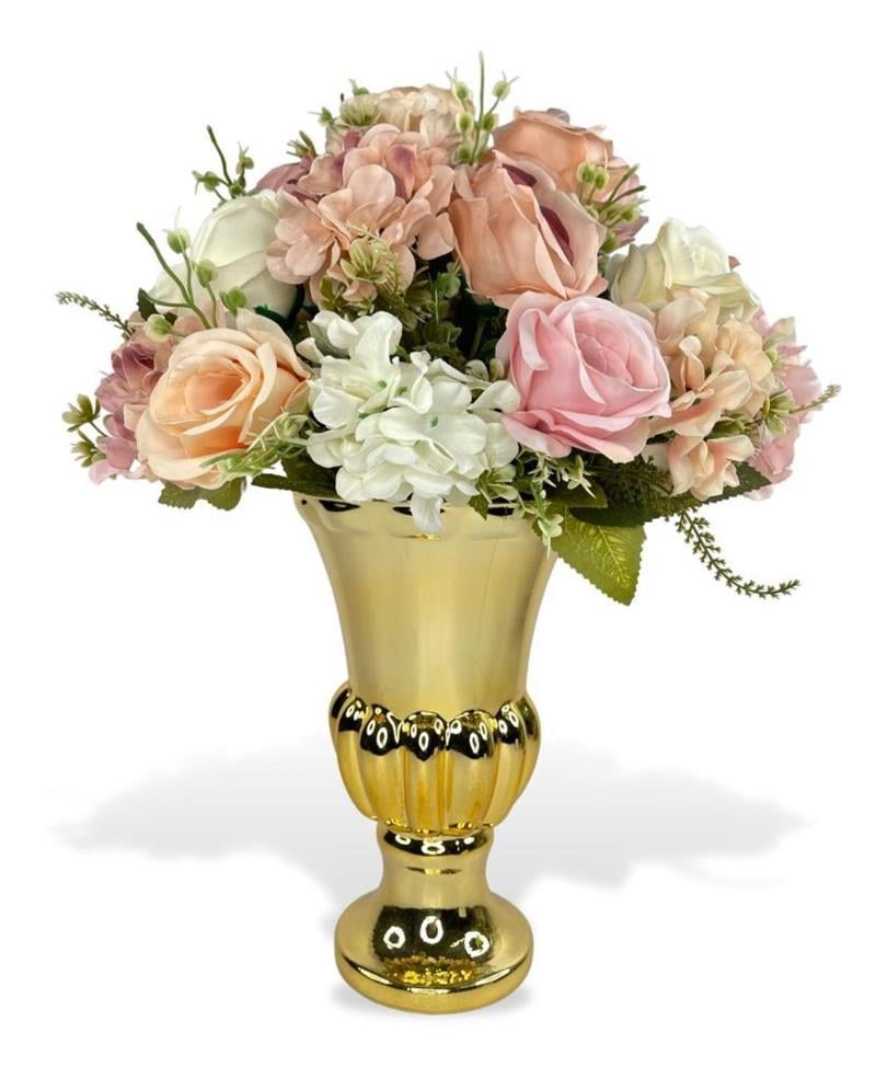 Yapay Çiçek Aranjmanı Pembe Krem Pudra Rengi Gold Altın Cam Kupa Vazoda  Nişan Çiçeği İsteme Çiçeği