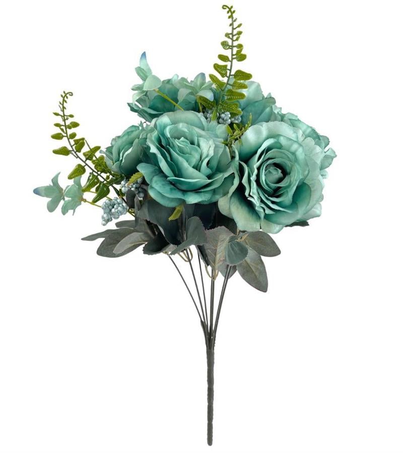 Yapay Çiçek Büyük Demet 6 Kafalı Gül Demeti Ve Cipsolu Turkuaz Mavi