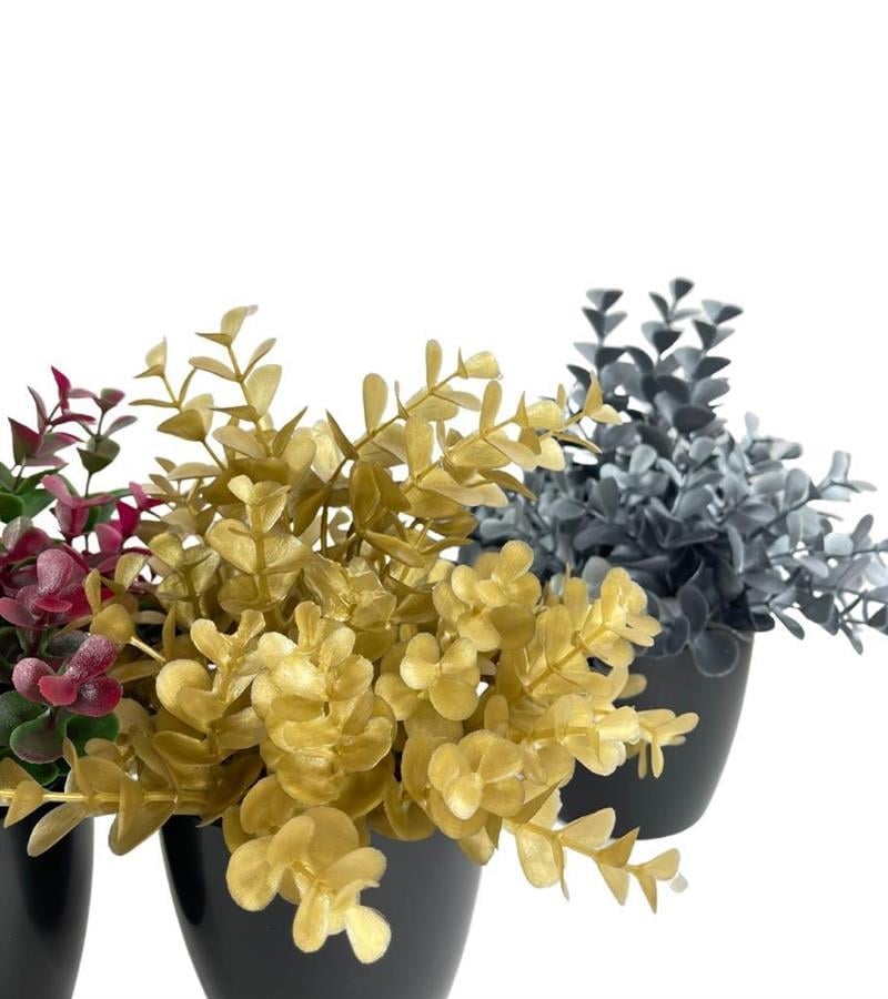 Yapay Çiçek Gold Renk Şimşir Siyah Saksıda Siyah Plastik Saksılı Dekoratif  Süs Çiçeği