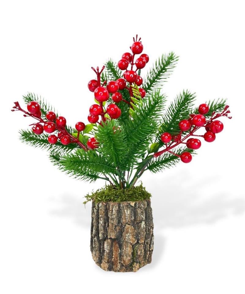 Yapay Çiçek Kütük Saksılı Çam Dallı Kokina Dekoratif Hediyelik Masa Çiçeği
