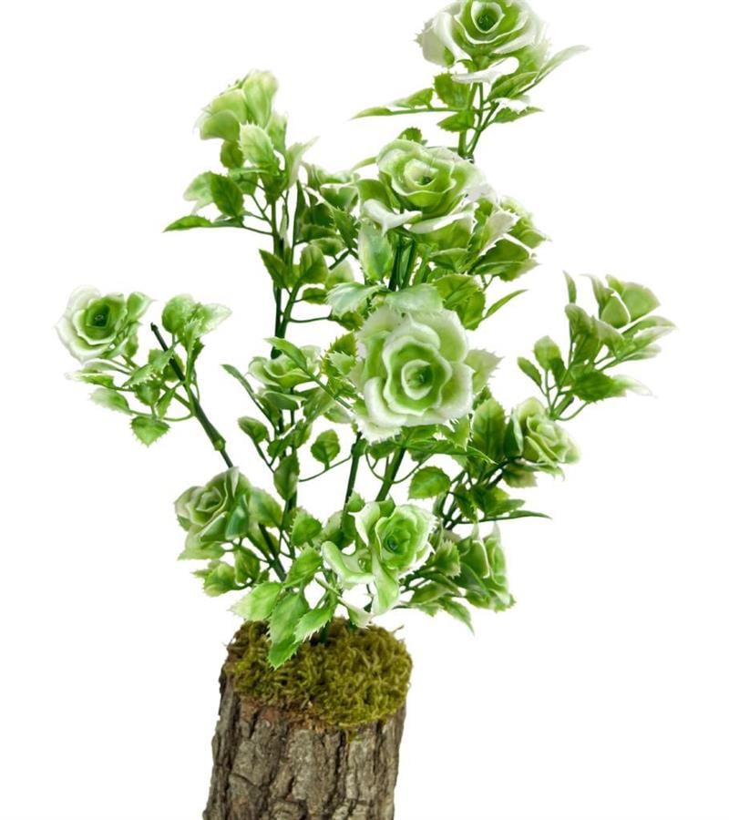 Yapay Çiçek Kütükte Yeşil Beyaz Güllü Demet Dekoratif Masa Çiçeği 30*20cm