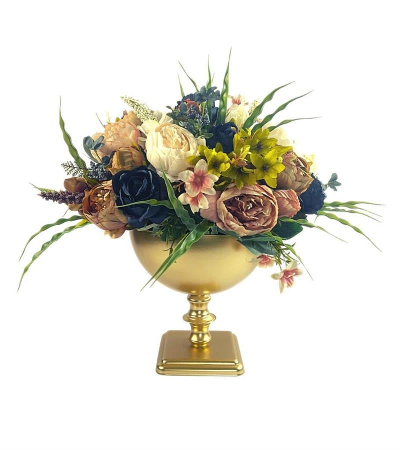 Yapay Çiçek Şakayık Güllerden Oluşan Kare Ayaklı Yuvarlak Metal Gold Vazolu  Masa Üstü Çiçeği Arajman