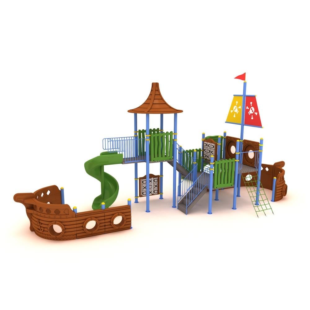 Pirate Ship-Themed Outdoor Playground with Five Towers and Two Slides – 12 x 5.5 m