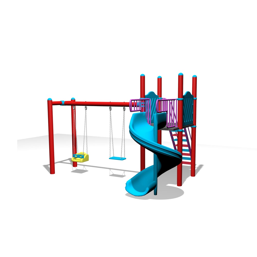 Compact Playground Set with Spiral Slide and Double Swing – BOS-02S