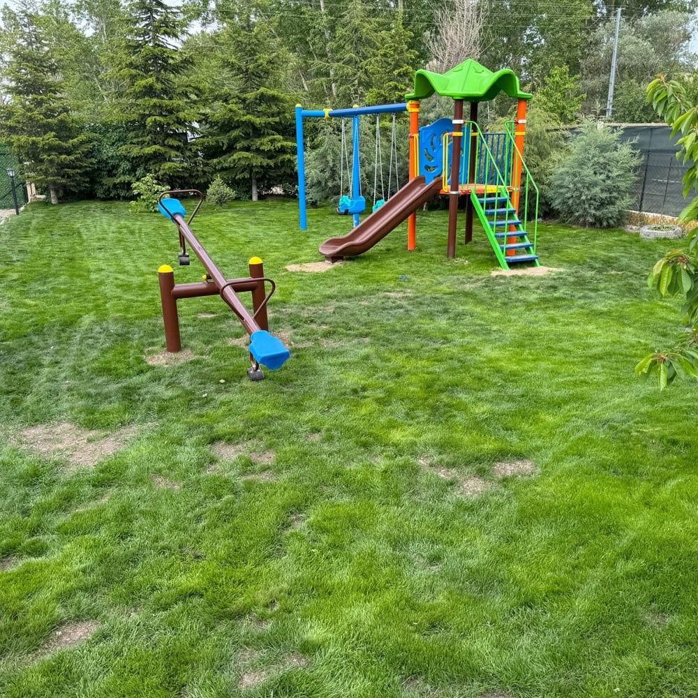 Single-Tower Playground Set with Slide and Double Swing – BOS-03 (5.5x4.5m)