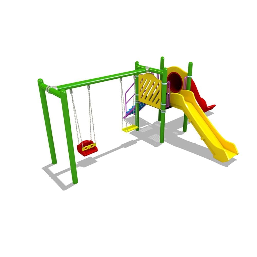 Single-Tower Playground Set with Two Slides and Double Swing – BOS-02