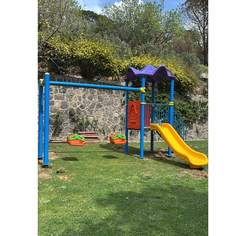 Single-Tower Playground Set with Slide and Double Swing – BOS-03 (5.5x4.5m)