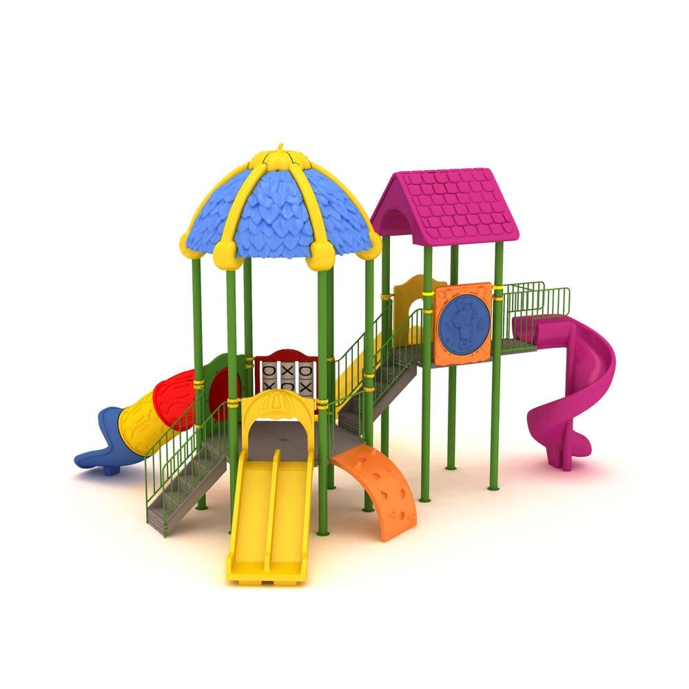 Outdoor Playground Set with Two Towers and Leaf-Tile Roof – 8 x 6 m