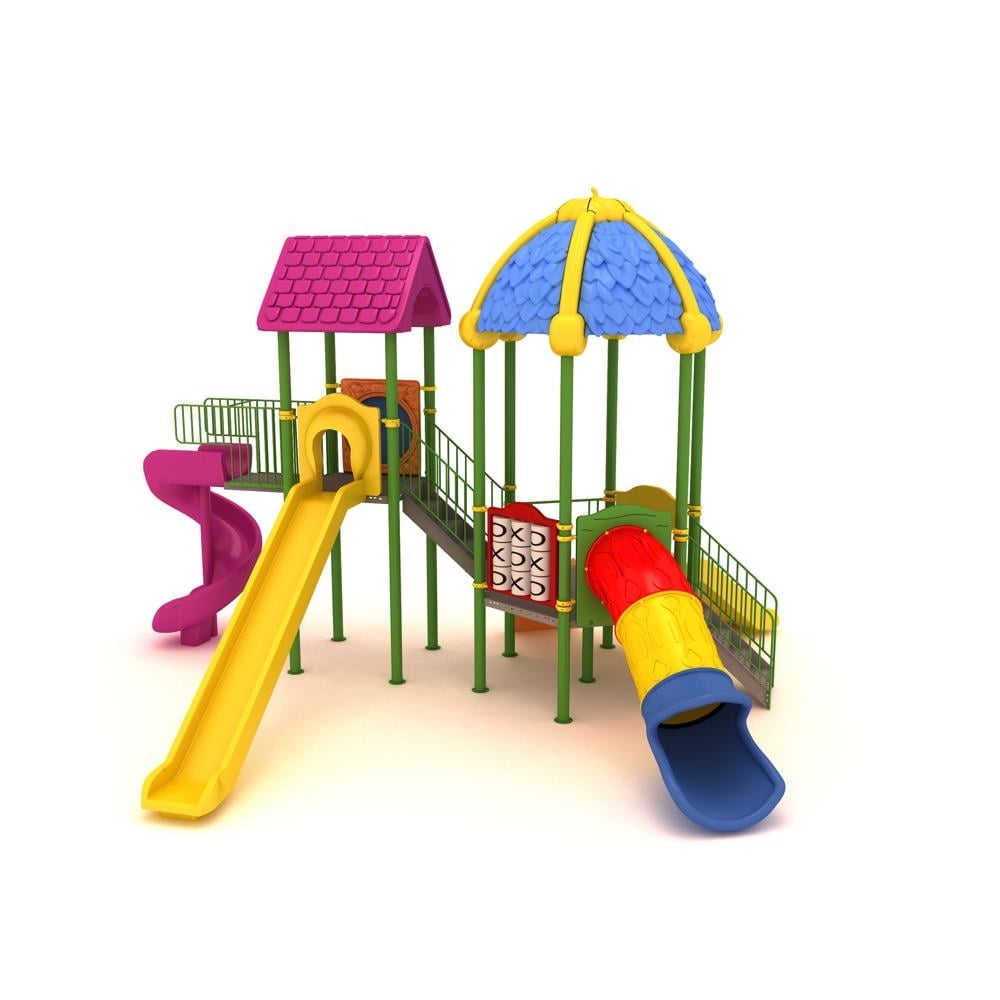 Outdoor Playground Set with Two Towers and Leaf-Tile Roof – 8 x 6 m