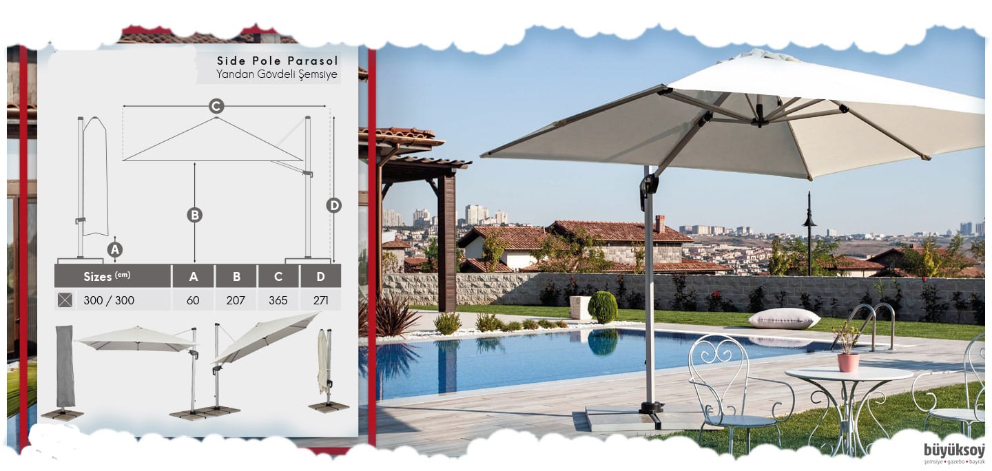 Mykonos Side Pole Umbrella – 300x300 cm Telescopic Arm System