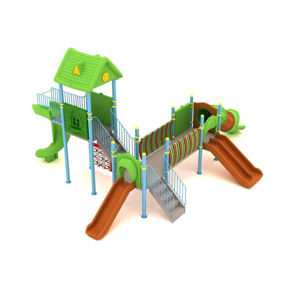 Outdoor Playground Set with Three Towers and House-Style Roof – 8 x 7 m