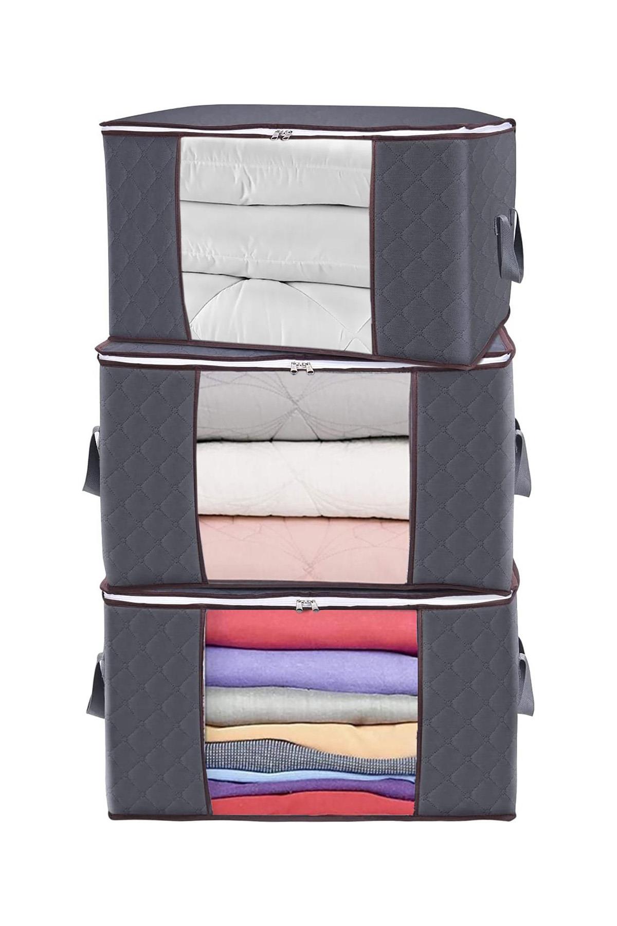Rek Home 3 Adet Pencereli Gri Büyük Boy Yastık Yorgan Kazak Hurcu / 75x40x40