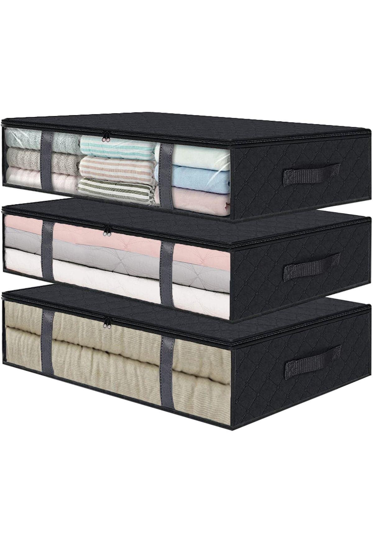 Rek Home 3 Adet Pencereli Siyah Baza Altı Yastık Yorgan Kazak Hurcu / 60x45x15
