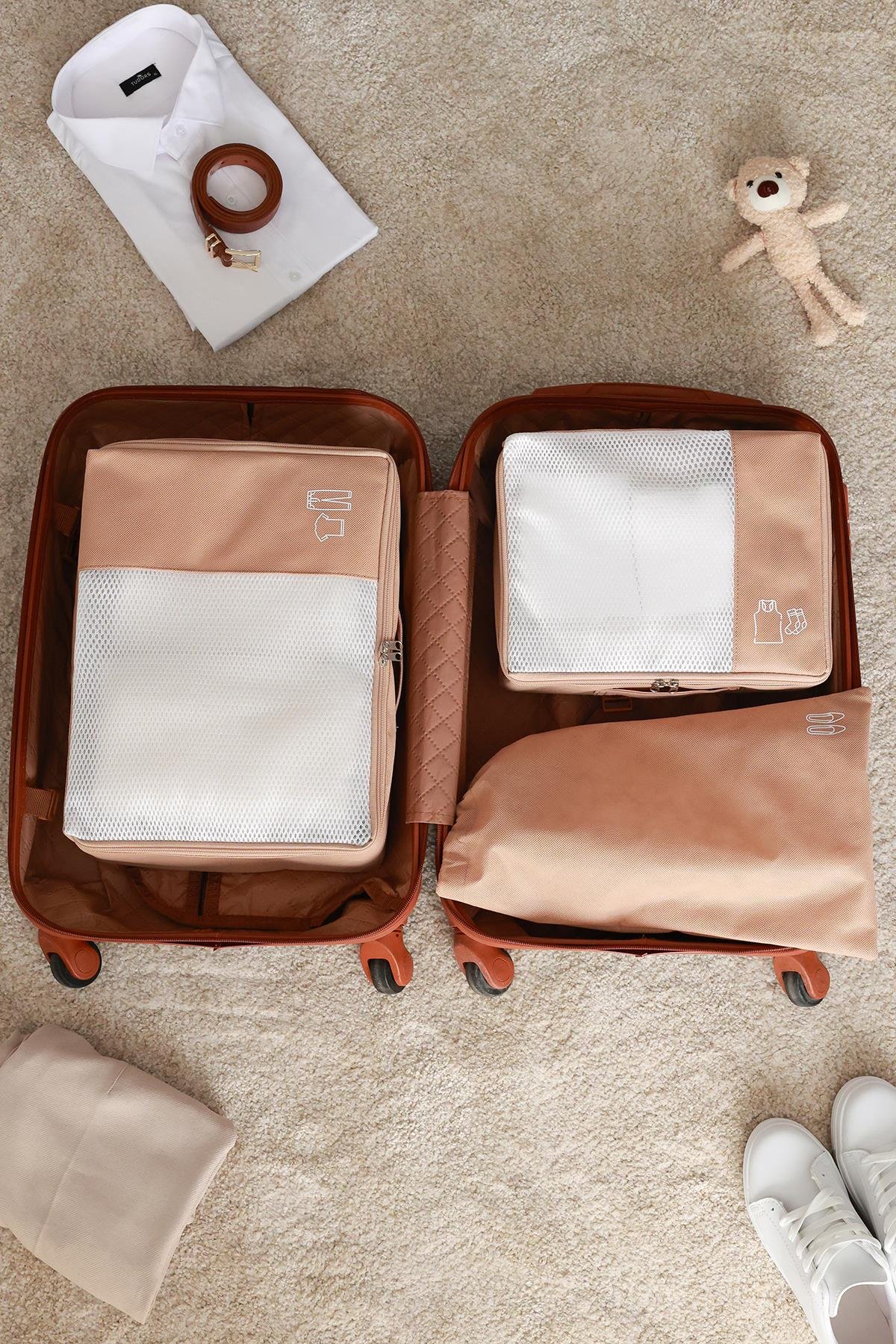 Rek Home 3'lü Bej Valiz Düzenleyici Bavul İçi Organizer Set Seyehat Hurcu