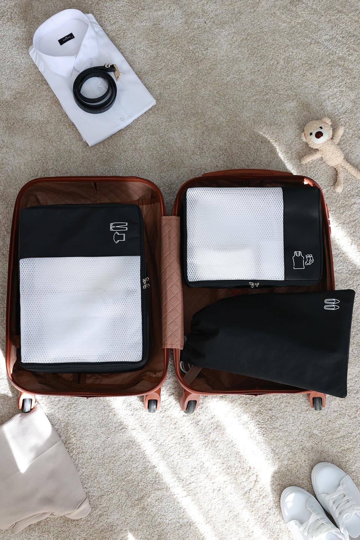 Rek Home 3'lü Siyah Valiz Düzenleyici Bavul İçi Organizer Set Seyehat Hurcu
