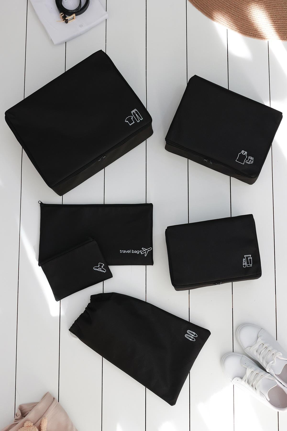 Rek Home 6'lı Siyah Valiz Düzenleyici Bavul İçi Organizer Set Seyehat Hurcu