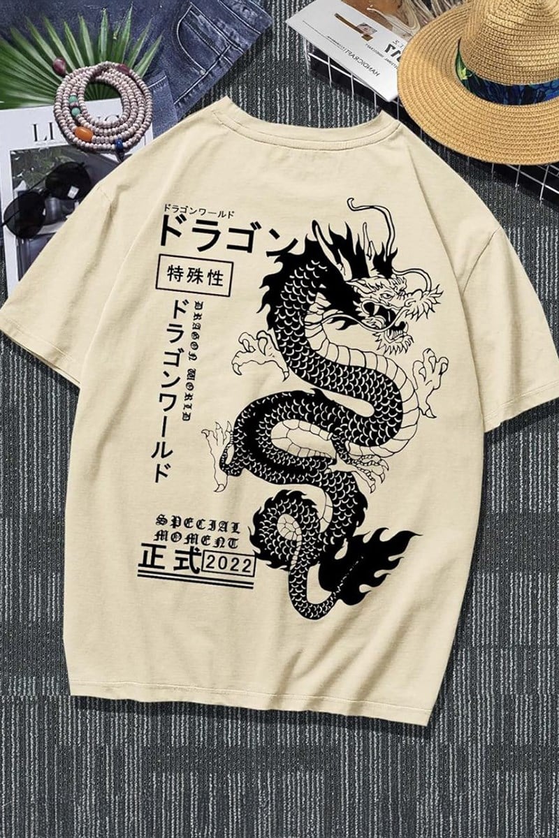 Bej Japon Dragon Harajuku Y2K Unisex T-Shirt