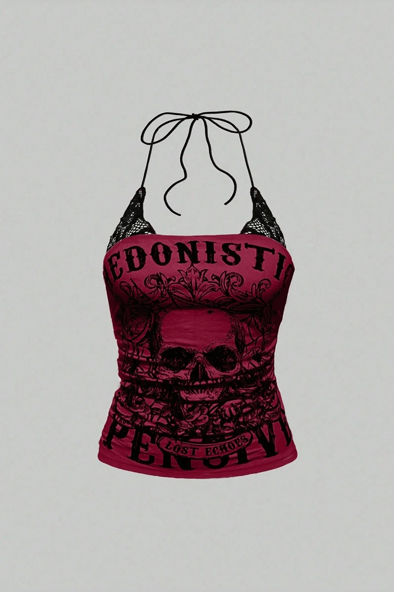 Kırmızı Hedonistic Skull Dantel Detaylı Y2K Askılı Crop