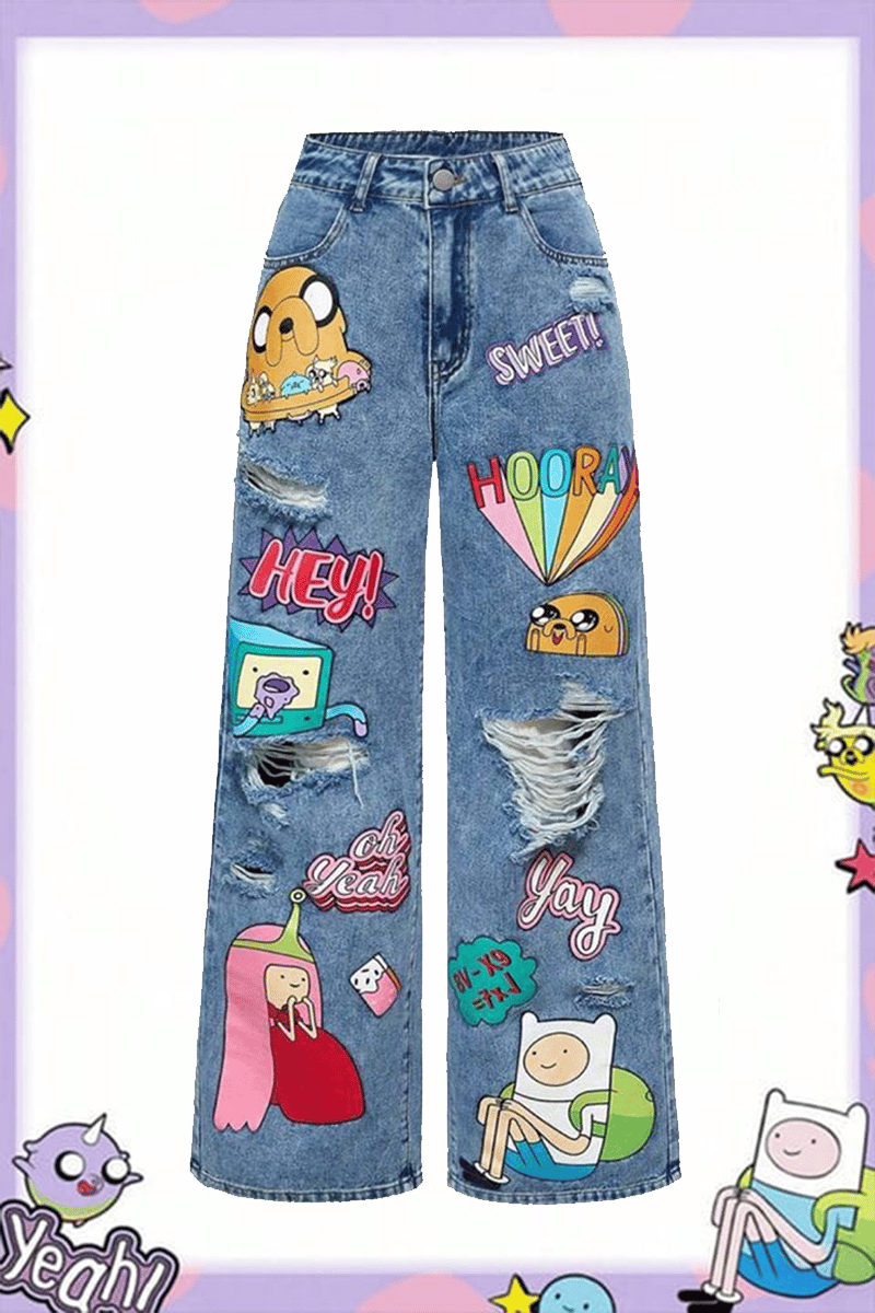 Mavi Adventure Time Finn ve Jake Harajuku Y2K Baggy Pantolon