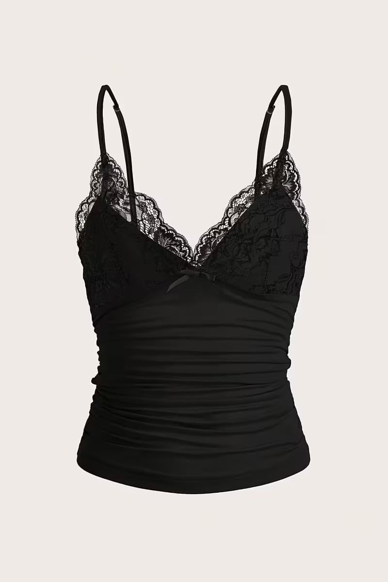 Siyah Dantel Detaylı Fiyonklu Y2K Askılı Crop