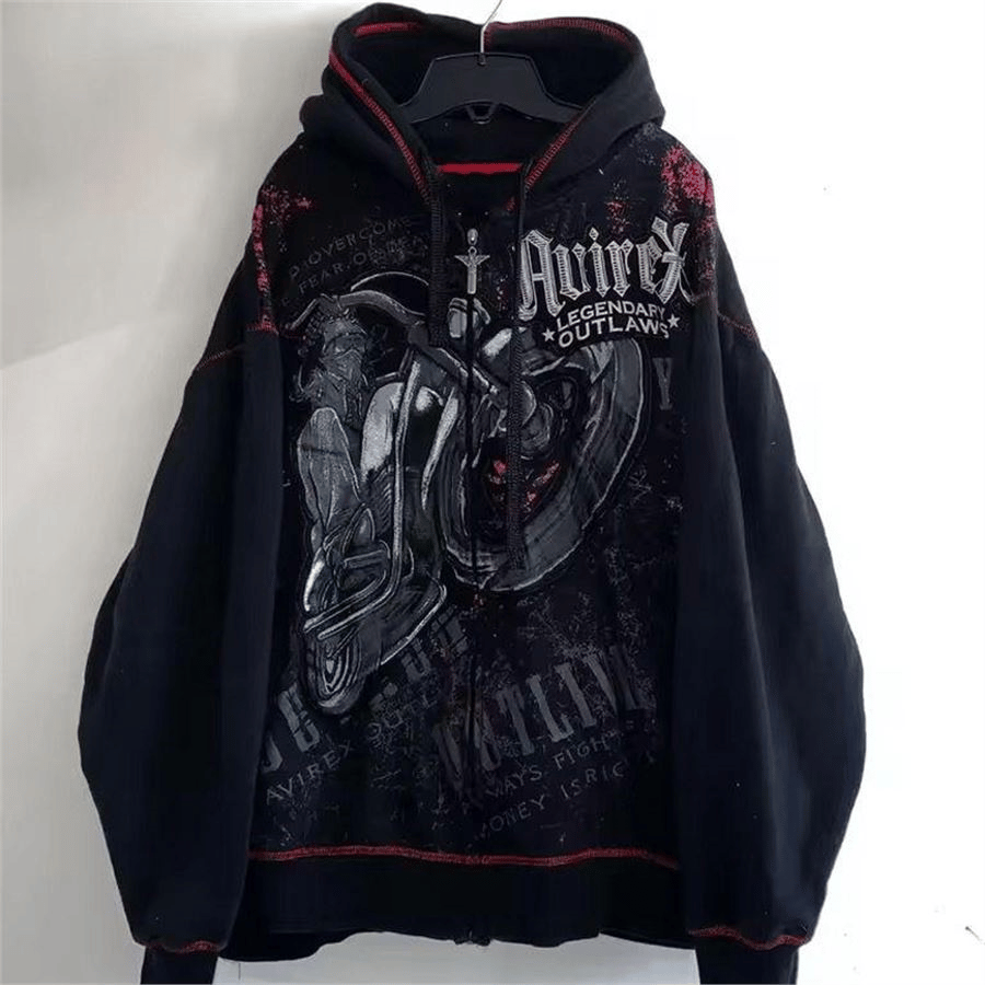 Siyah Gothic Legendary Outlaws Cyber Grunge Fermuarlı Kapüşonlu