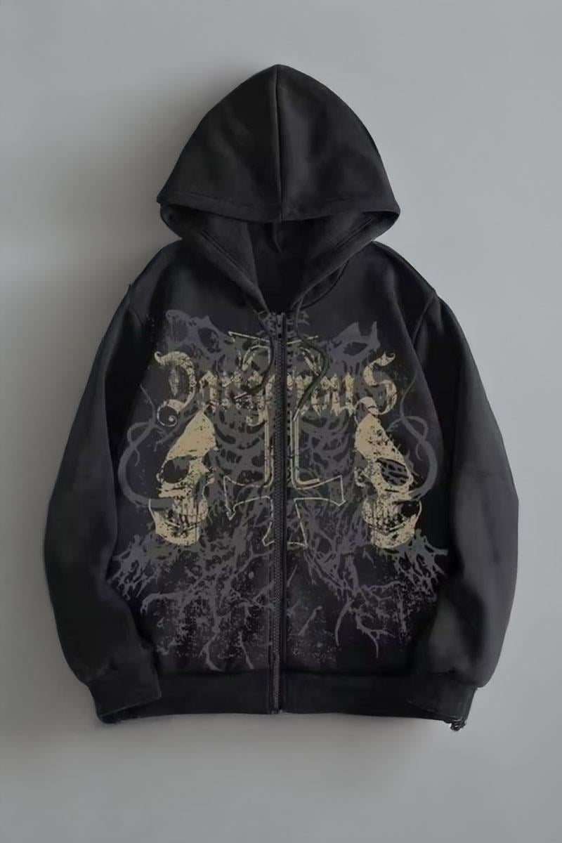 Siyah Gotik Dangerous Double Skull Harajuku Y2K Kapşonlu Unisex Hırka