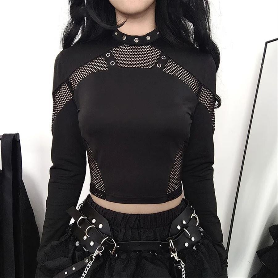 Siyah Gotik File Detaylı Punk Uzun Kollu Crop