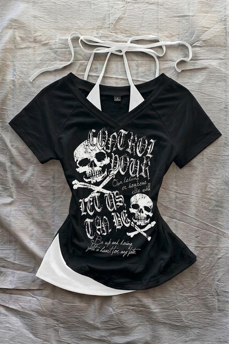 Siyah Gotik Skulls Control Ek Askılı Y2K Kısa Kollu Crop