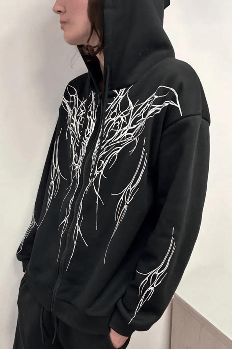Siyah Gotik Tribal Harajuku Y2K Kapüşonlu Unisex Hırka