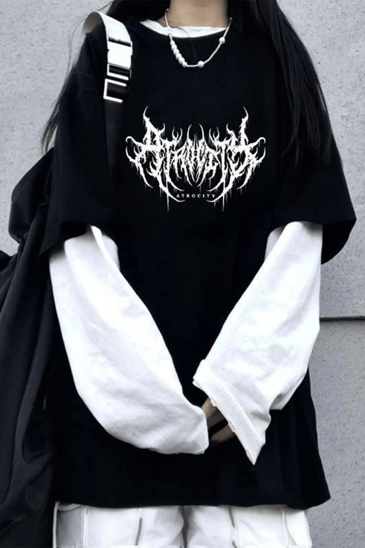 Siyah Harajuku Gotik Atrocity Beyaz Kollu Unisex T-Shirt