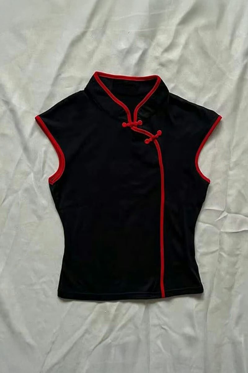 Siyah Mandarin Yaka Kırmızı Şeritli Qipao Y2K Kısa Kollu Crop