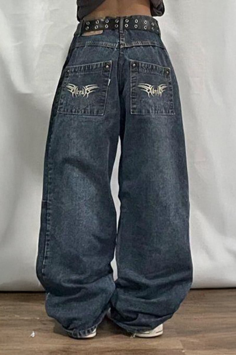 Lacivert Retro Yıkamalı Harajuku Baggy Y2K Pantolon