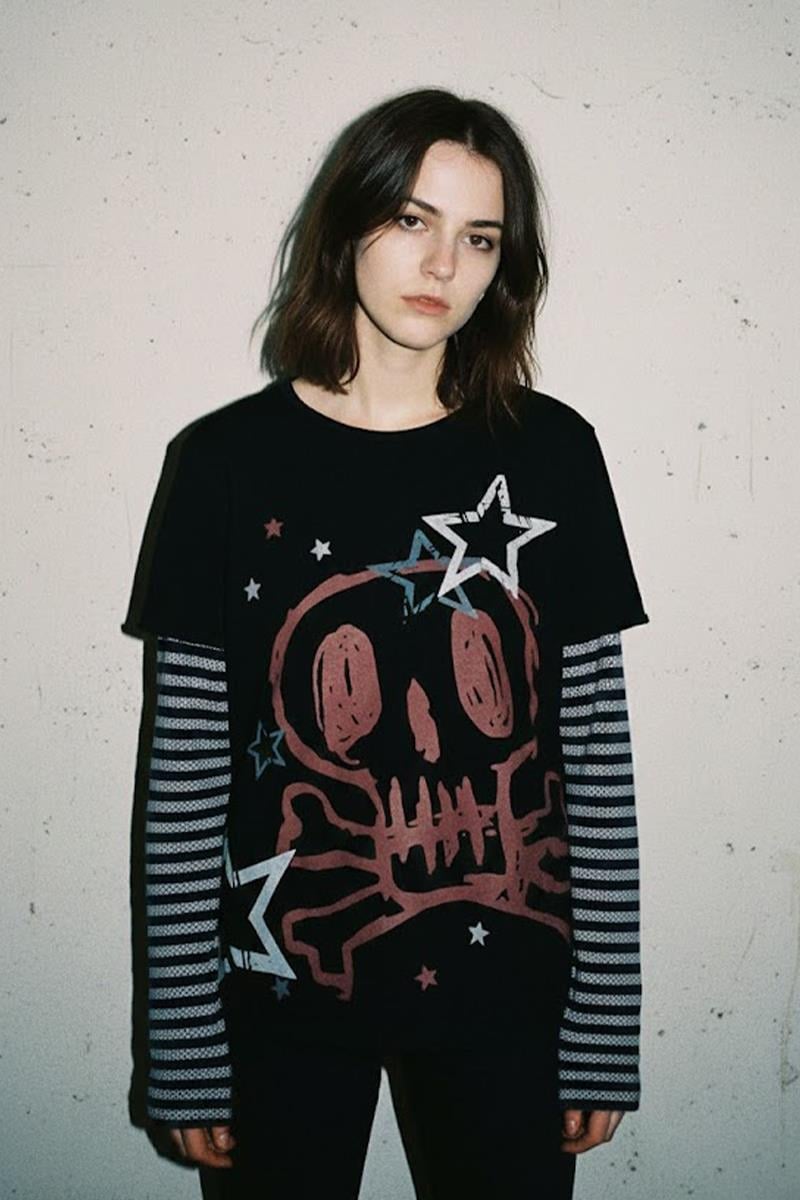 Siyah Skull Stars Çizgili Kollu Y2K Unisex Uzun Kollu T-Shirt