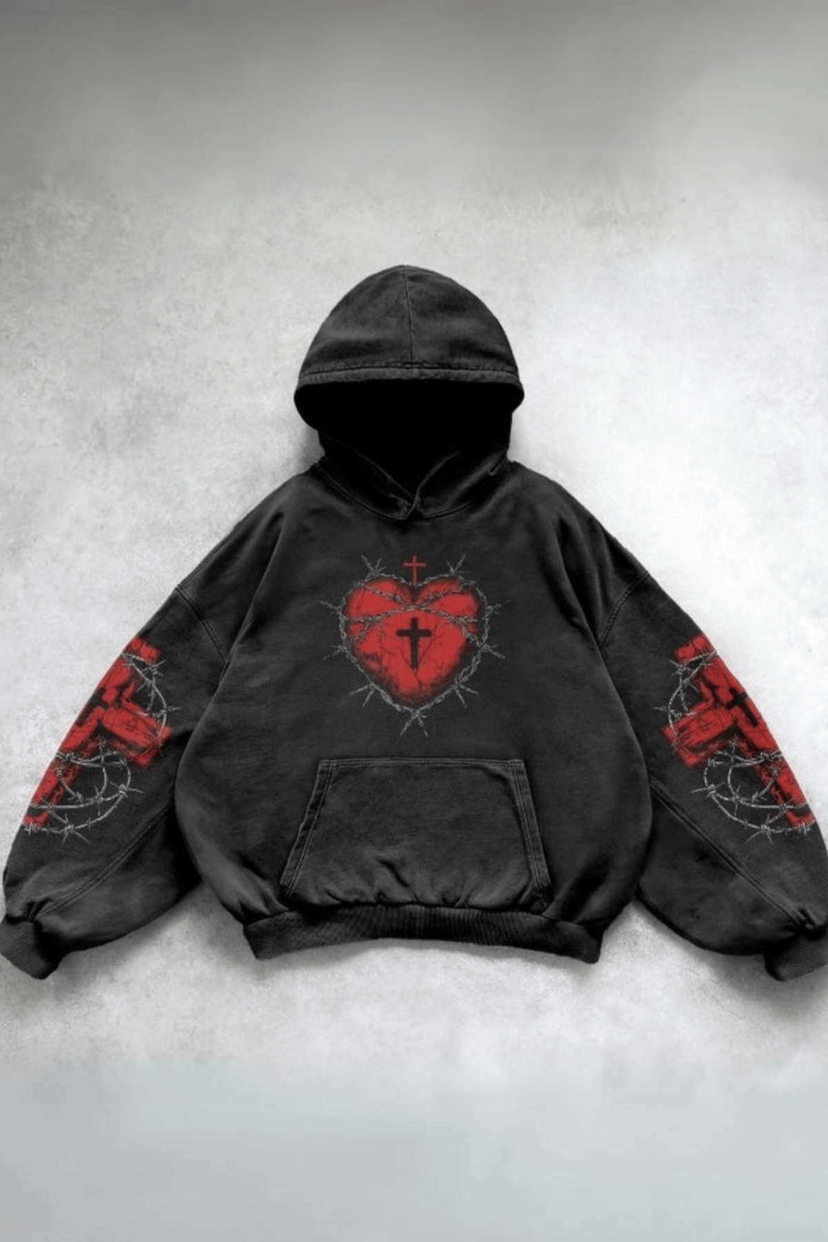 Siyah Gotik Barbed Wire Heart Cross Kapüşonlu Unisex Sweatshirt