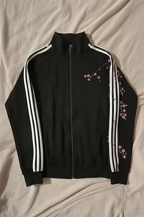 Siyah Şeritli Sakura Ağacı Y2K Unisex Hırka