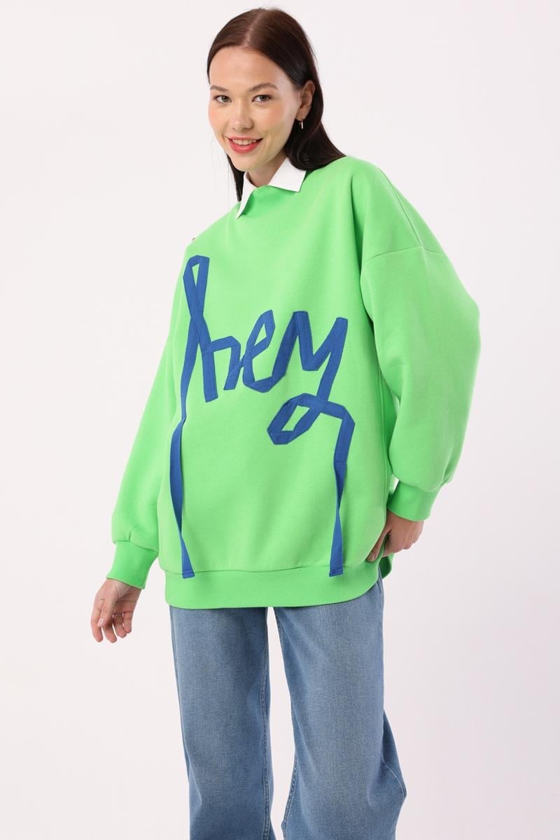 Neon Green Oversize Raised Stripe Detailed Sweatshirt