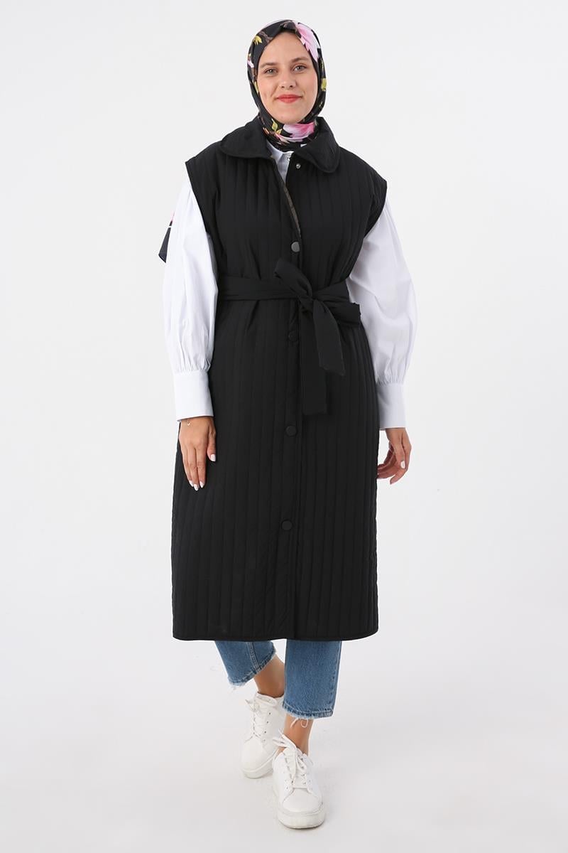 Siyah-Oversize Çıtçıtlı Dikey Çizgi Uzun Kapitone Yelek | ALLDAY