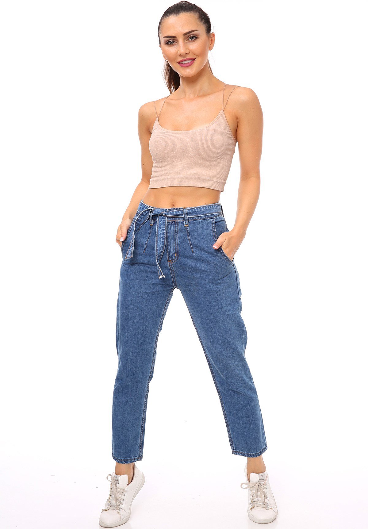 e-GiyimSepeti Yeni Trend Kemerli Geniş Kesim Mavi Bayan Kot Pantolon
