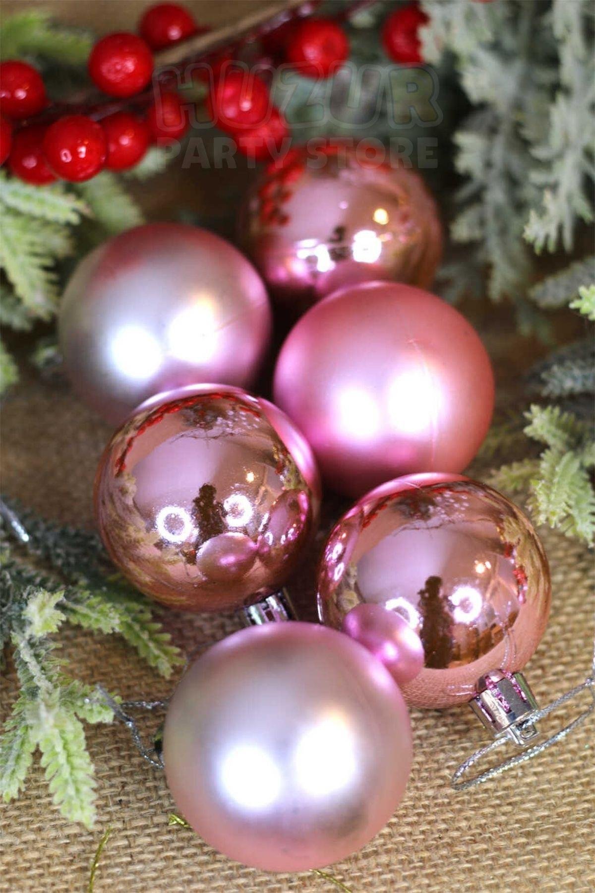 Parlak Mat Pembe Renkli Cici Top 5 Cm 6lı Yılbaşı Yeni Yıl Çam Ağacı Süsü Ipli Ağaca Asılan Süs
